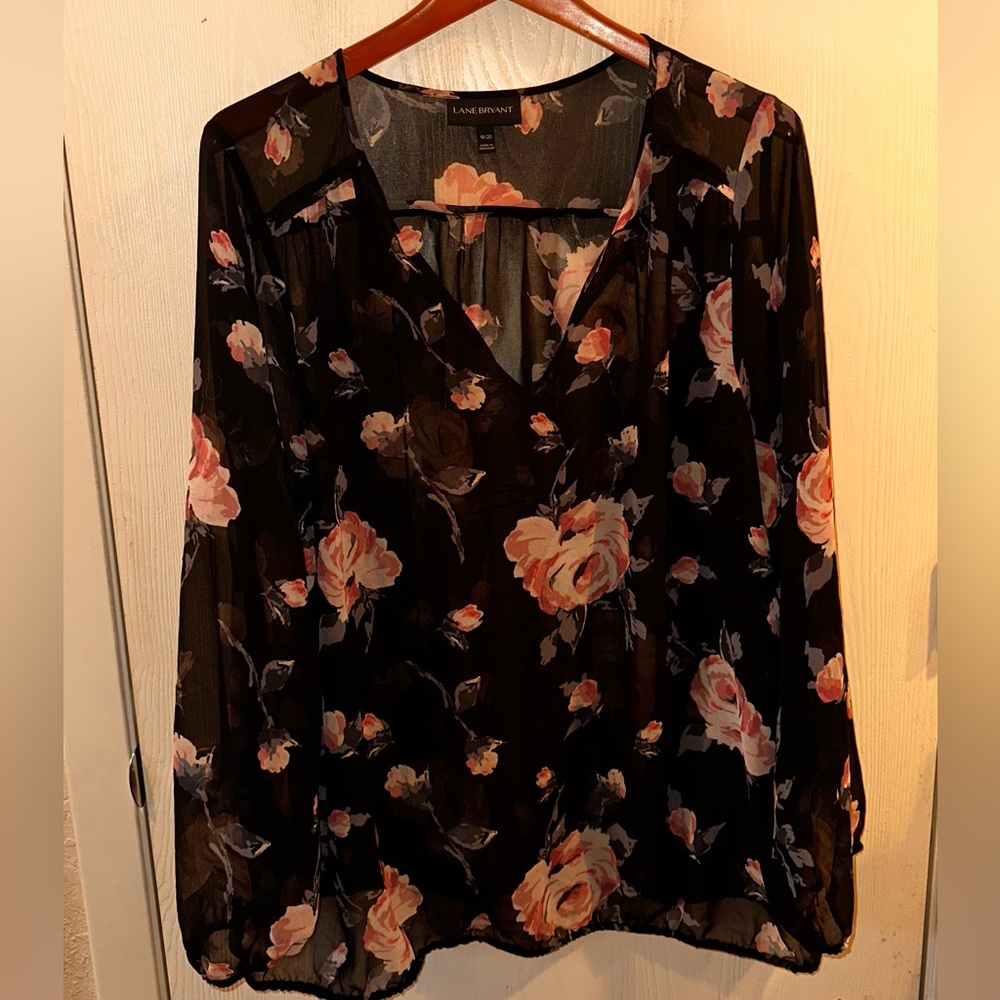 Lane Bryant Black Blouse with Pink Floral Design